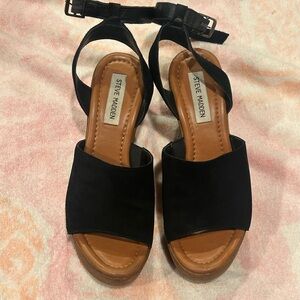 Steve Madden Black Suede Women's Wedge Sandals with Tan Footbed